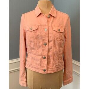 American Eagle Jacket Womens L Denim Trucker Cropped Stretch Button Up Pink
